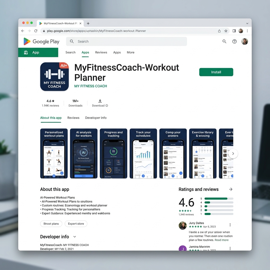 MyFitnessCoach on Google Play — 4.6 stars, 1M+ downloads, AI-powered gym and diet tracker